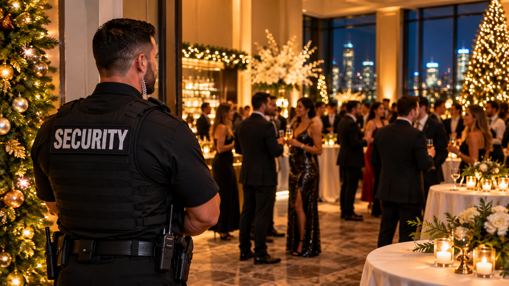 Security officer overlooking a company holiday party in a festive lobby